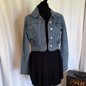 Distressed crop Jean jacket medium mandarin collar lightweight boho southwest